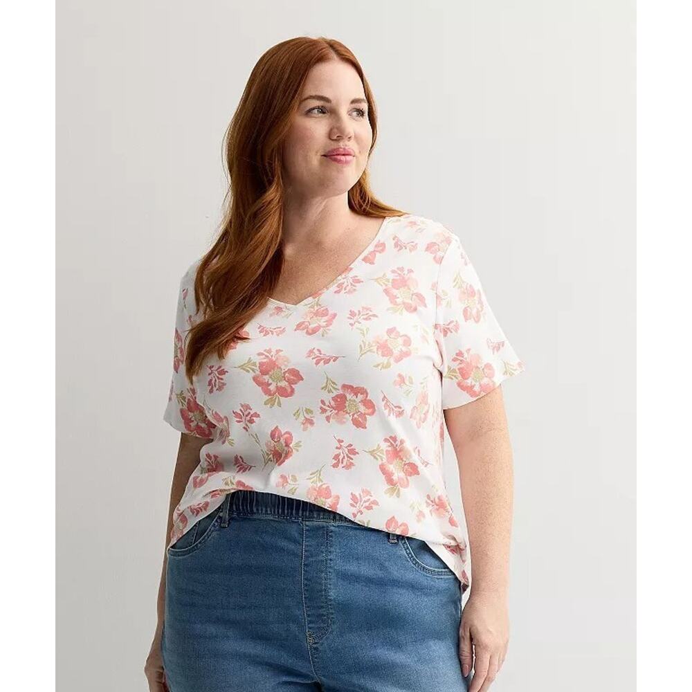 Croft & Barrow Plus Size 0X (14W) Essential V-Neck Top Pink Soft Floral NWT